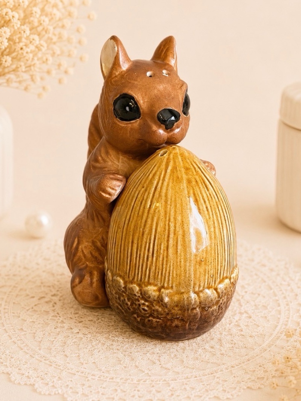 Vintage ceramic squirrel and acorn salt and pepper shaker set